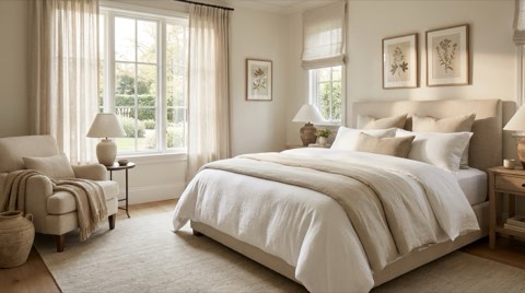Staged bedroom with crisp linens and a sunlit reading nook chair