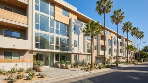 A modern rental apartment building exterior in Studio City with a landscaped entrance at midday