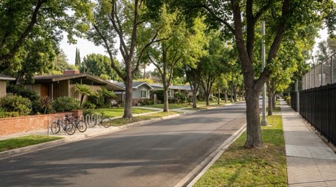 A residential street in Studio City near a school with bikes parked at a bike rack in the afternoon