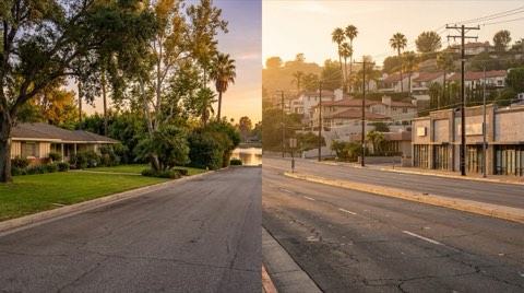 Split view of a quiet Toluca Lake residential street beside a Studio City hillside street at golden hour
