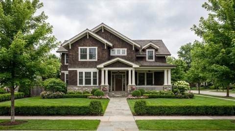 An upscale traditional home exterior with a manicured front lawn under soft overcast light.