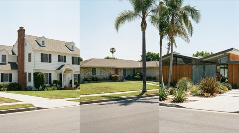A street with a mix of architectural styles side by side, from traditional colonial to updated mid-century.