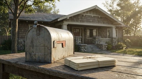 A residential mailbox and a stack of blank envelopes on a porch table in soft morning light.