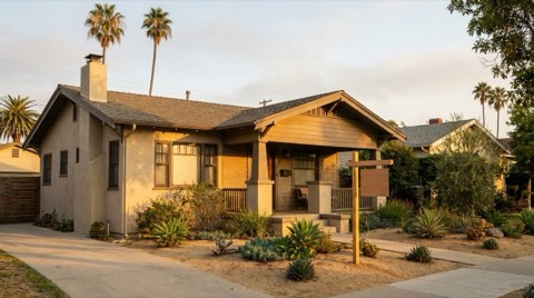A single-family home exterior with a blank yard sign shape on a tidy front lawn.
