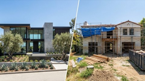 A split view of a fully renovated modern estate beside an older home mid-renovation with scaffolding