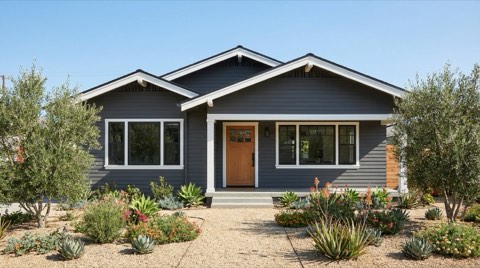 A fully renovated traditional Beverlywood home exterior with fresh paint and clean landscaping in bright daylight