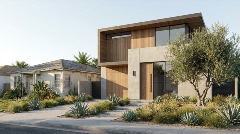 A recently renovated modern home exterior with fresh landscaping next to an older unrenovated home