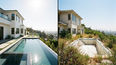 Side-by-side comparison of two Hollywood Hills properties in daylight: a fully renovated modern home with an infinity pool on the left, and a weathered, dated hillside home with an empty pool on the right