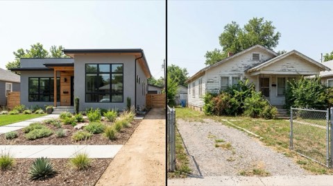 A renovated modern home beside an older fixer-upper property, comparing investment options in Mar Vista