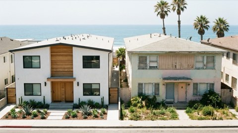 Two adjacent rental buildings, one fully renovated and one awaiting updates