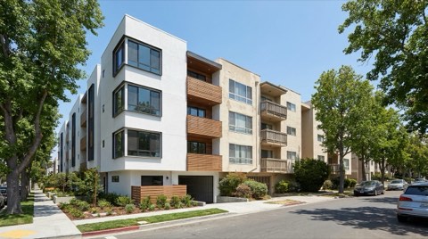 A tree-lined street showing a pristine, freshly renovated modern condo facade next to an older, more dated facade of similar style.
