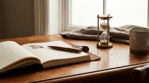 Purchase contract and pen beside a small hourglass on a desk