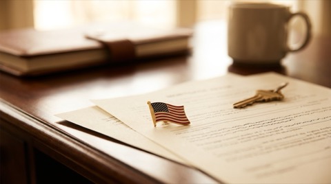 American flag pin resting on mortgage paperwork next to a house key