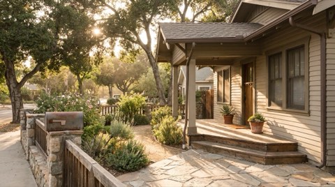 Close view of a modest Valley home entrance framed by street trees