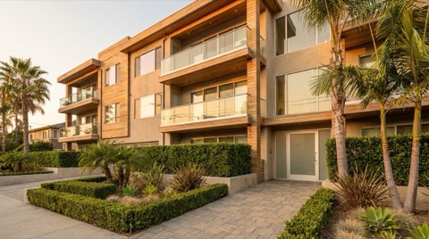 Modern low-rise condo building exterior in Valley Village at dusk