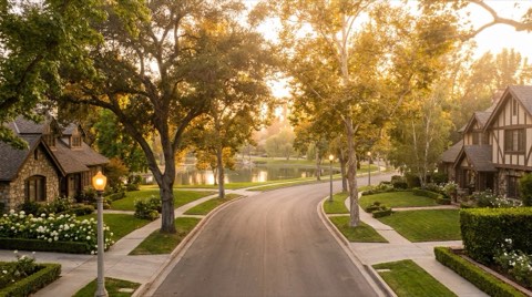 Storybook Valley street near a lake with mature trees at golden hour