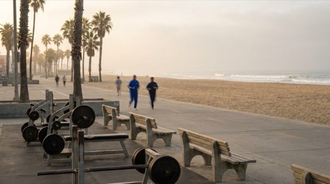 The Venice Beach boardwalk and Muscle Beach at sunrise