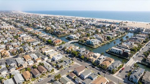 An elevated view of Venice showing residential streets, the canal district, and the boardwalk