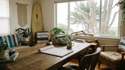 A cozy home office interior in a Venice bungalow with a desk near a window