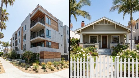 A split view of a modern Venice apartment building beside a single-family bungalow
