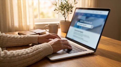 Hands typing on a laptop to look up a real estate license online