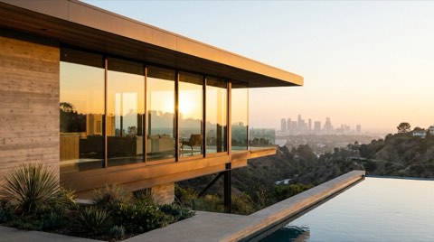 A modern hillside home with glass walls and a cantilevered design overlooking a canyon view at golden hour