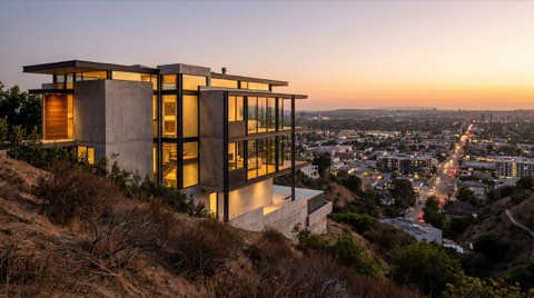 A striking modern architectural home on a Culver City hillside overlooking the city.