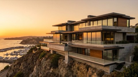 A dramatic modern hillside view home with cantilevered decks overlooking the ocean and marina