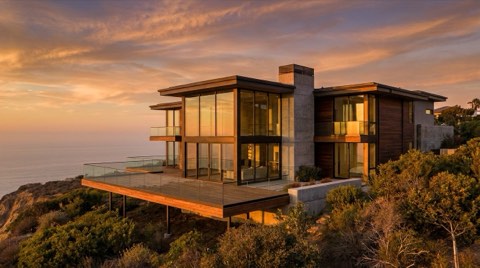 A striking modern hillside home with glass walls and a cantilevered deck overlooking the ocean at sunset