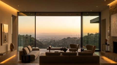 Floor-to-ceiling glass living room overlooking an LA canyon at sunset