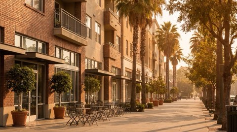 Low-rise urban LA street with outdoor cafe seating and palm trees
