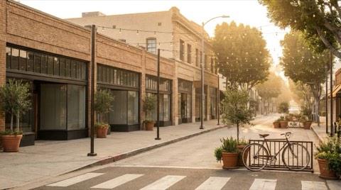 Walkable West Hollywood street with string lights and wide sidewalks