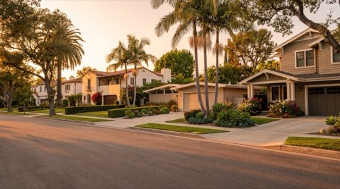 A golden-hour street view of an upscale residential block with well-maintained single-family homes, manicured landscaping, and long soft shadows