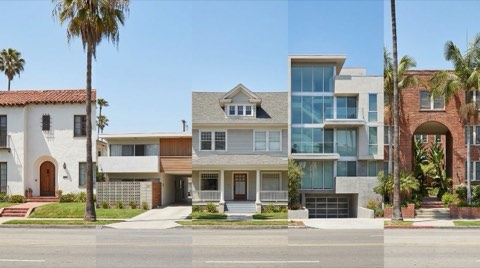 A row of varied home facades on one street: a Spanish Revival house, a mid-century modern low-rise apartment building, a traditional two-story home, a contemporary condo building, and a brick courtyard apartment building.