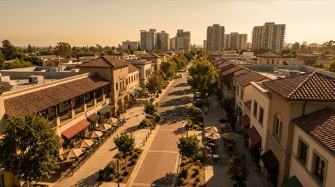 A golden-hour overview of a walkable village retail street with awnings and outdoor cafe seating, tree-lined sidewalks, and condo towers in the distance