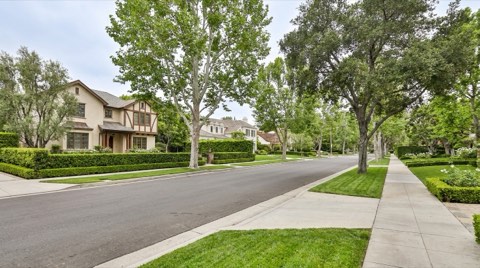 An upscale residential street of well-maintained single-family homes with manicured hedges, photographed on a soft, overcast day.