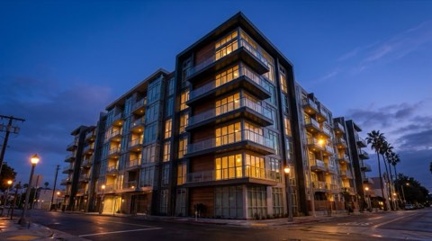 A dusk view from below of a modern mid-rise condo tower with balconies, its windows glowing warmly against a deepening blue twilight sky