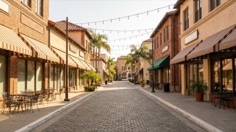 A pedestrian-only retail street in a walkable university village, lined with storefront awnings, string lights, and sidewalk cafe tables in warm afternoon light.
