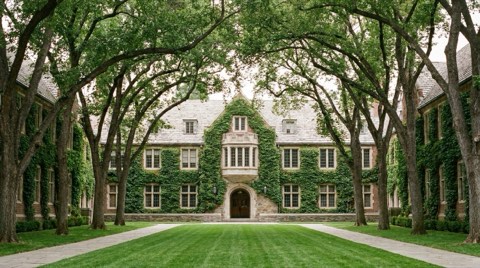 An ivy-covered academic building facade with a tree-lined walkway and manicured lawn