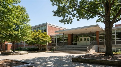 A generic mid-century school building exterior with a tree-filled courtyard and wide entrance steps in bright midday light