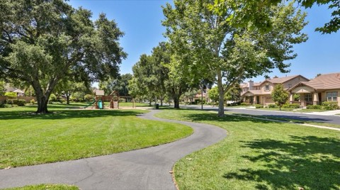 A family-friendly neighborhood park with green lawn and shade trees on a quiet residential street near Santa Monica
