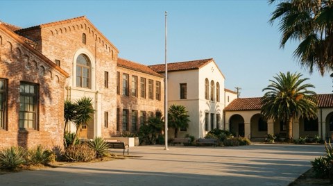 A well-kept school building facade near Venice with a flagpole and courtyard