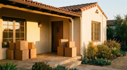California home exterior with moving boxes near the entryway at dusk