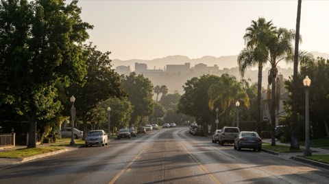 A morning road in Studio City leading toward distant hazy silhouettes of the Burbank studio district and Hollywood Hills