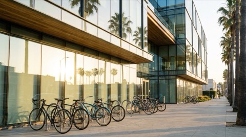 A modern office building exterior near Venice with bicycles parked outside