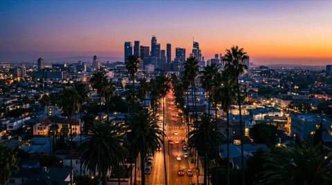A palm-lined Los Angeles boulevard stretching toward distant city lights and building silhouettes at dusk, evoking distance and connectivity across the city.
