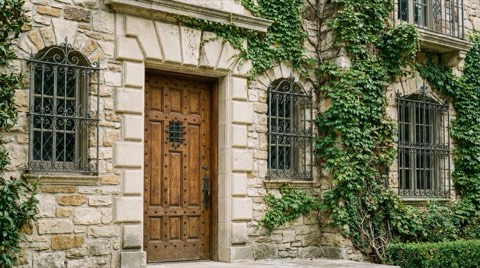 A close-up of an estate exterior showing hand-laid stonework, wrought iron window grilles, and a heavy wood entry door