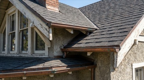 A close-up architectural detail of a traditional Beverlywood home's roofline and facade in clear midday light