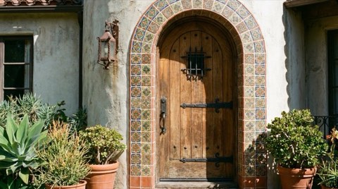A close-up of original 1920s architectural details on a Los Feliz home's front entrance, tile and ironwork