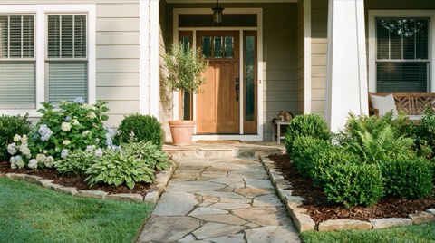 A close-up of a home's entry walkway and landscaping detail in Mar Vista